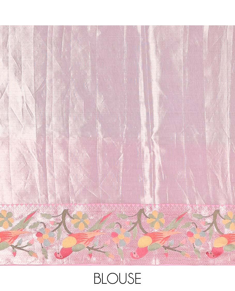 Baby pink jacquard Kanchipuram silk saree, contrast traditional with meenakari paithani floral, and macaw motifs embroidered border, and jaal pallu - Image 6
