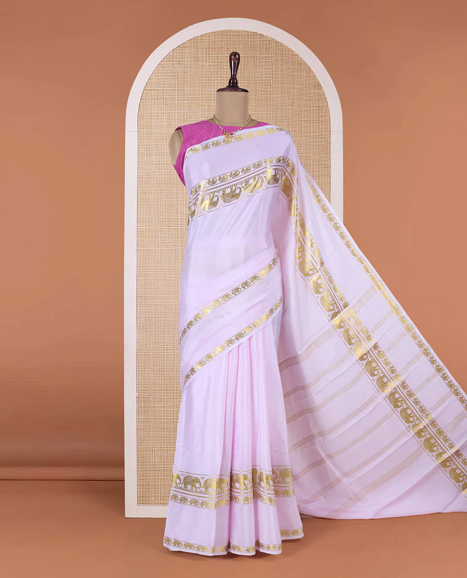 Baby pink plain Mysore silk saree, rettai pettu border of elephant motifs, and pallu of stripes in zari - Image 2