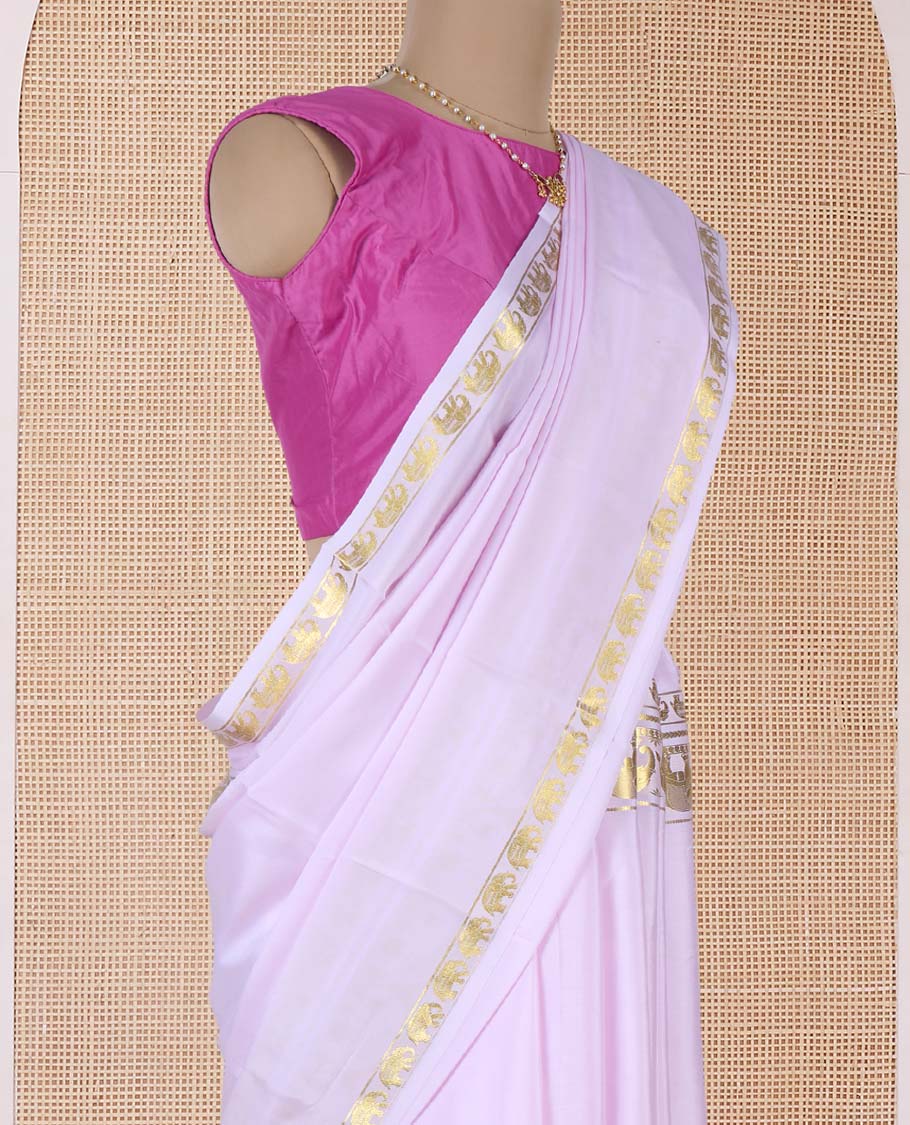 Baby pink plain Mysore silk saree, rettai pettu border of elephant motifs, and pallu of stripes in zari - Image 3