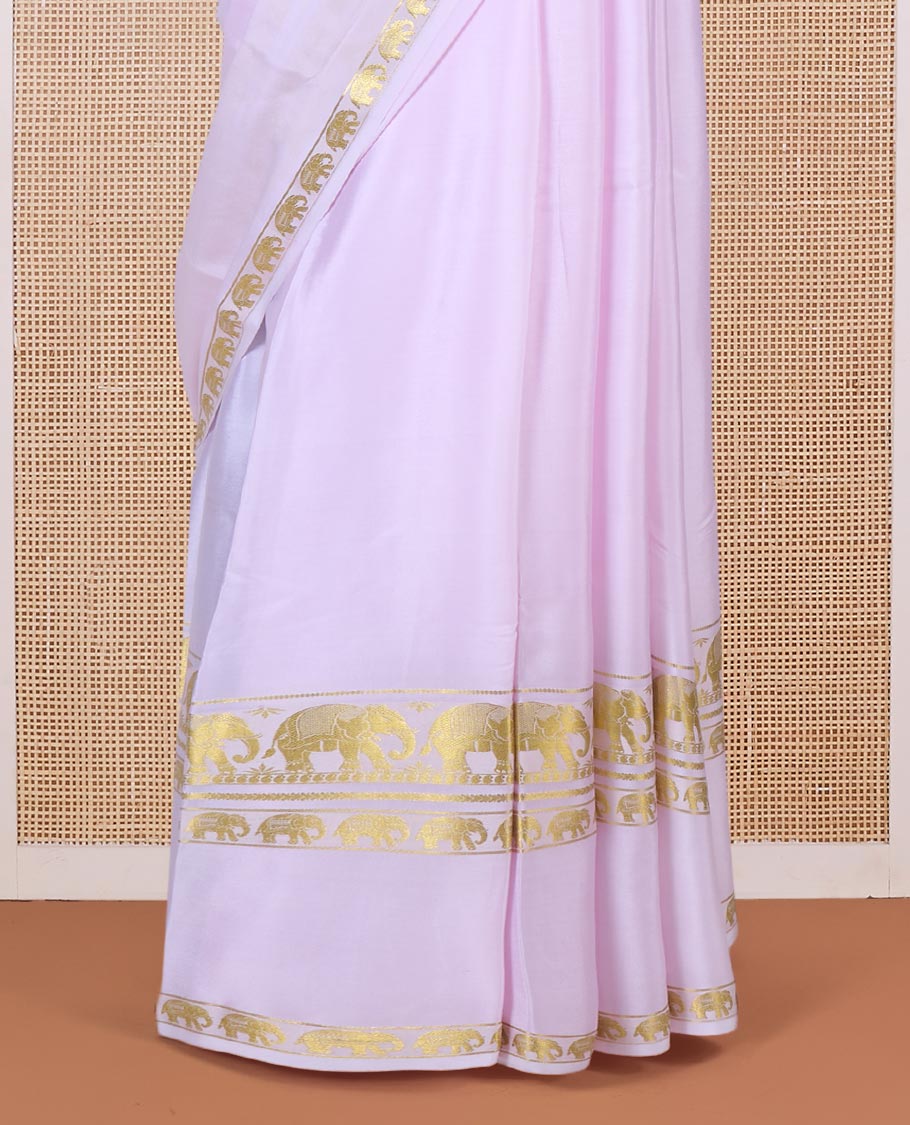 Baby pink plain Mysore silk saree, rettai pettu border of elephant motifs, and pallu of stripes in zari - Image 4