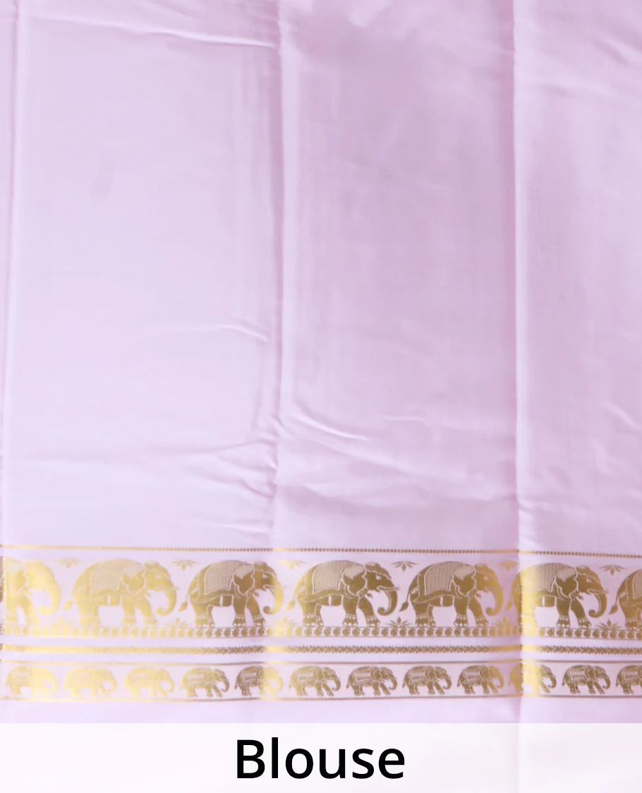Baby pink plain Mysore silk saree, rettai pettu border of elephant motifs, and pallu of stripes in zari - Image 5