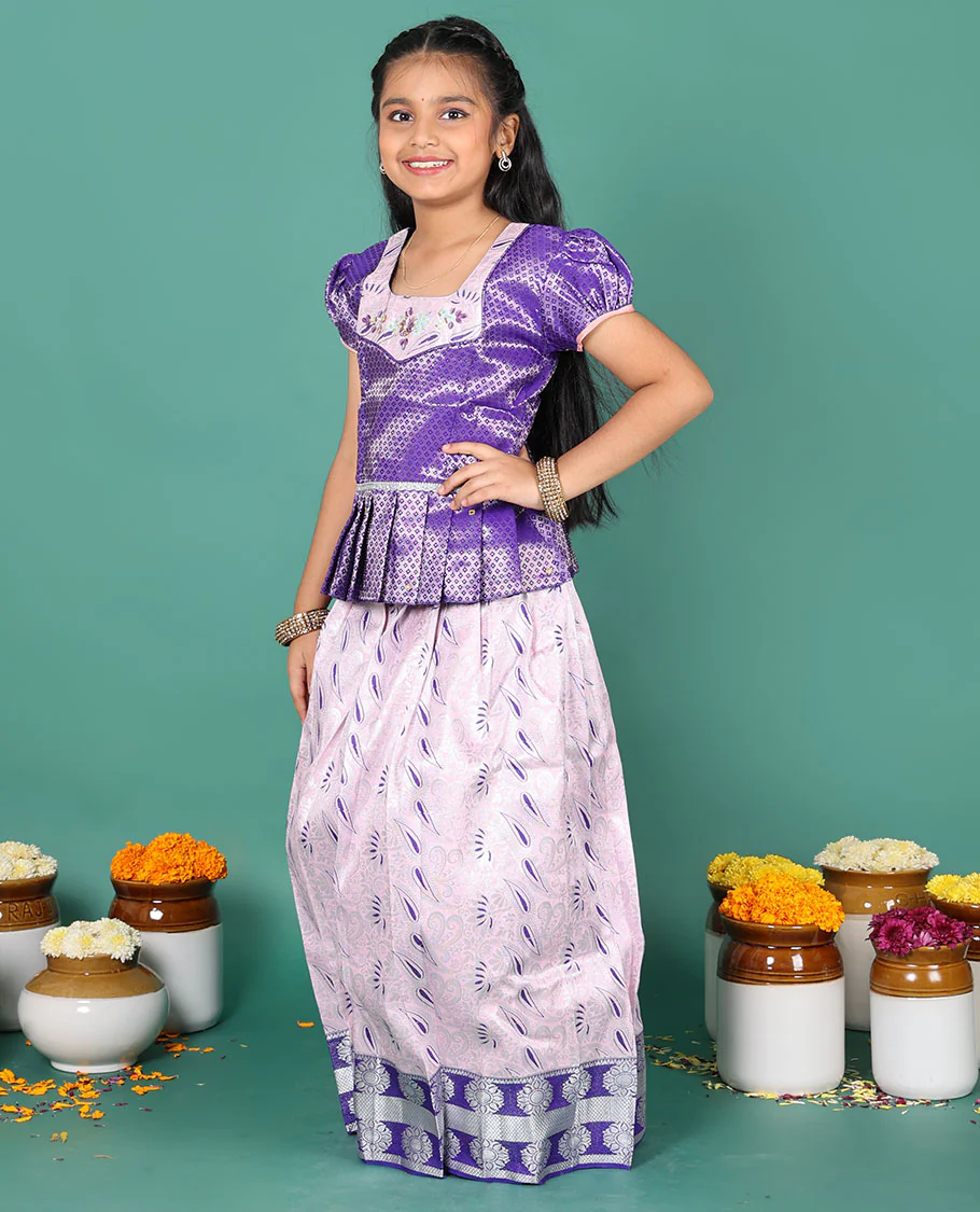 Baby pink readymade art silk pavadai, meenakari jacquard & contrast chakram zari border skirt, and contrast jacquard embroidered puff-sleeve blouse - Image 2