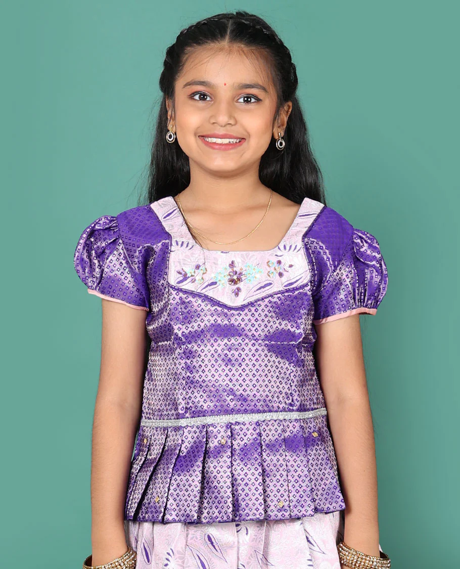 Baby pink readymade art silk pavadai, meenakari jacquard & contrast chakram zari border skirt, and contrast jacquard embroidered puff-sleeve blouse - Image 3
