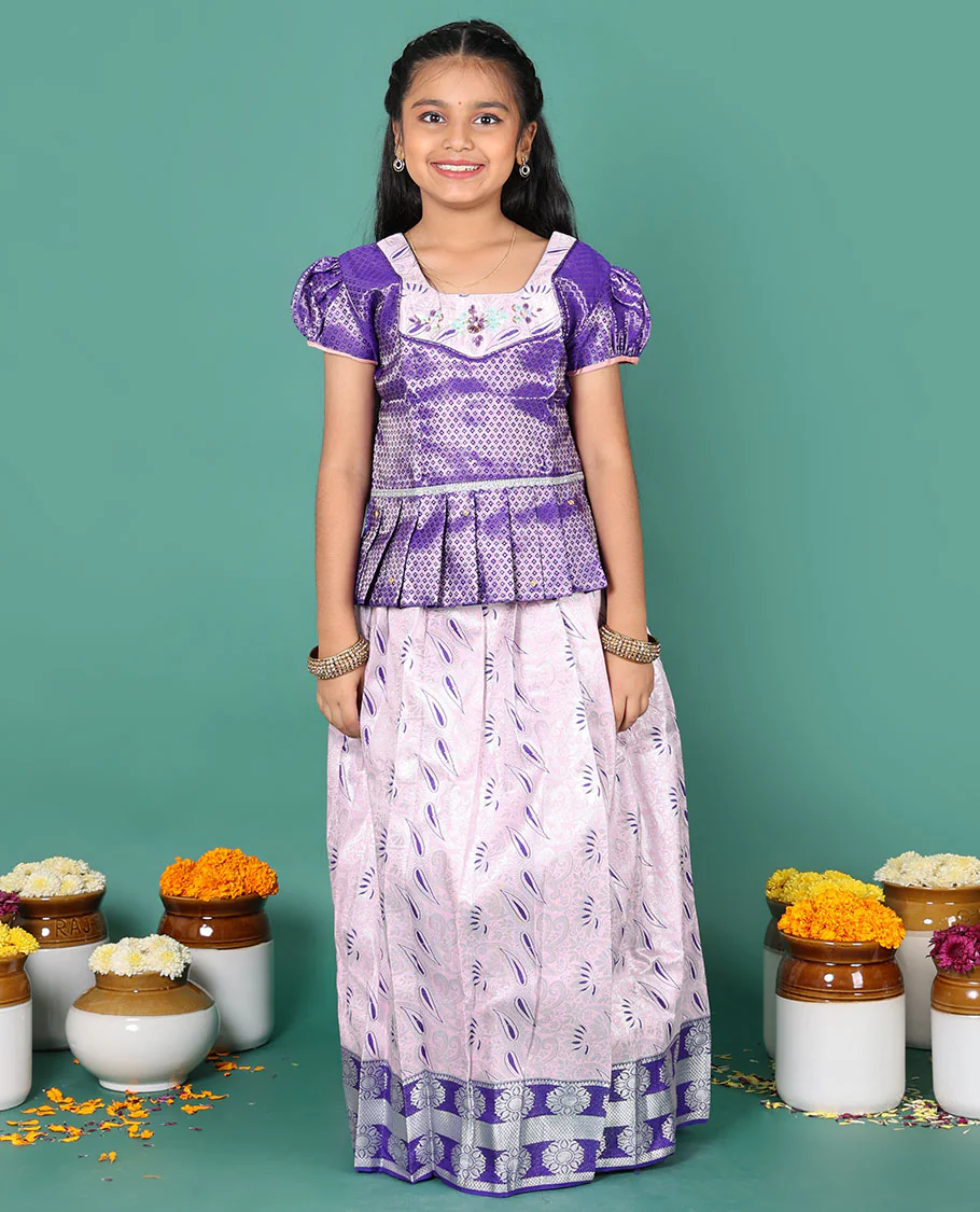 Baby pink readymade art silk pavadai, meenakari jacquard & contrast chakram zari border skirt, and contrast jacquard embroidered puff-sleeve blouse - Image 4