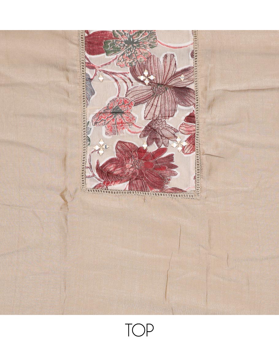 Beige and brown material chudidar set, floral print with mirror work patch neck embroidered top, contrast bottom and floral printed dupatta - Image 2