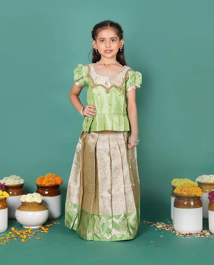 Beige art silk readymade pavadai set, jacquard with contrast geometric zari border skirt, and contrast neck embroidered puff-sleeve blouse