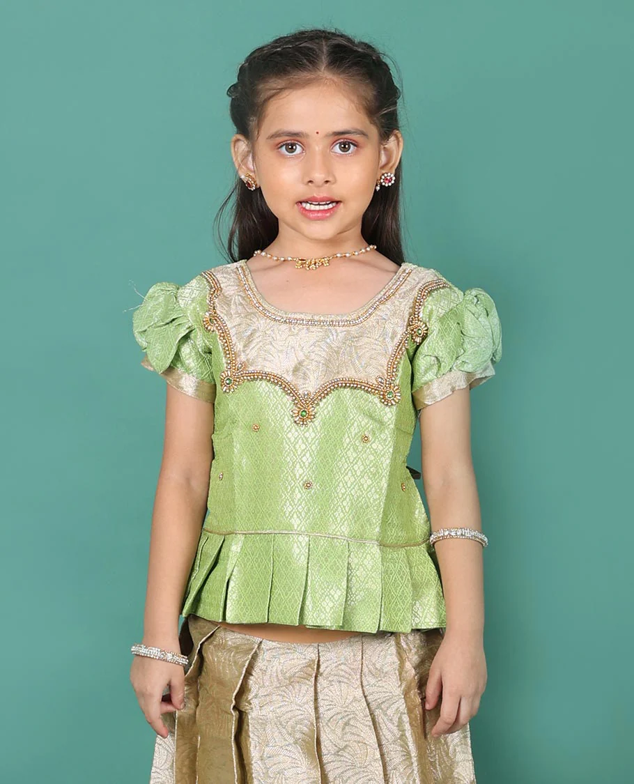 Beige art silk readymade pavadai set, jacquard with contrast geometric zari border skirt, and contrast neck embroidered puff-sleeve blouse - Image 2