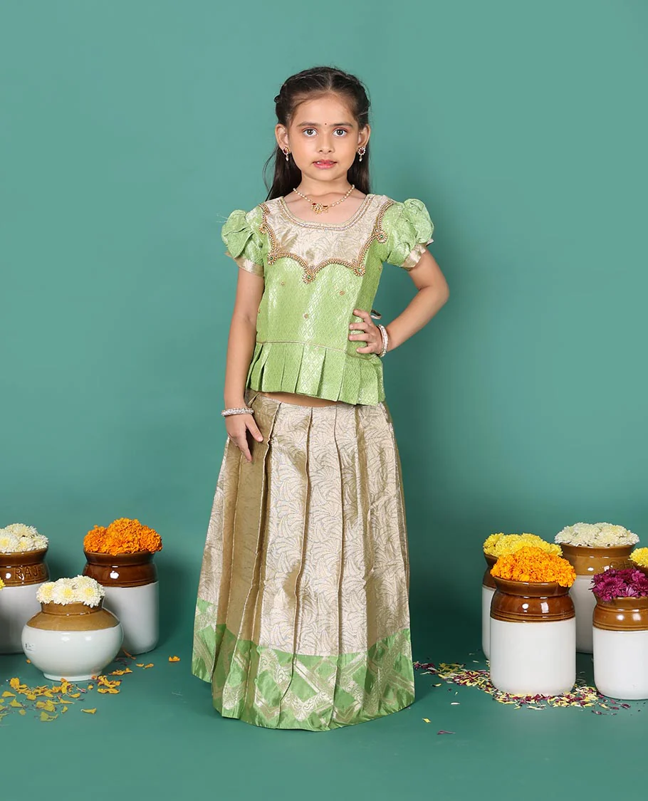 Beige art silk readymade pavadai set, jacquard with contrast geometric zari border skirt, and contrast neck embroidered puff-sleeve blouse - Image 3