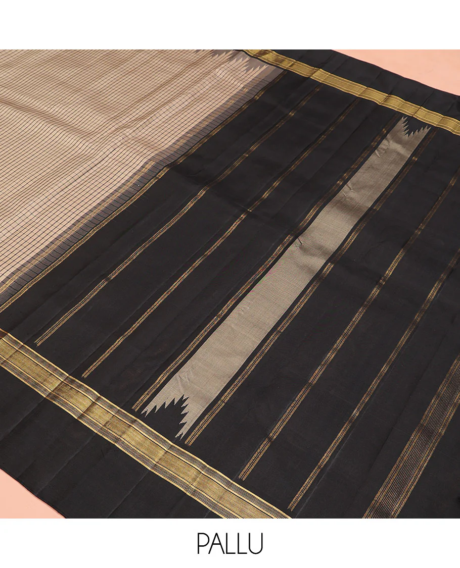 Beige checked Kanchipuram silk saree, contrast thazampoo rekku border of zari designs, and pallu of pillaiyar mokku designs - Image 5