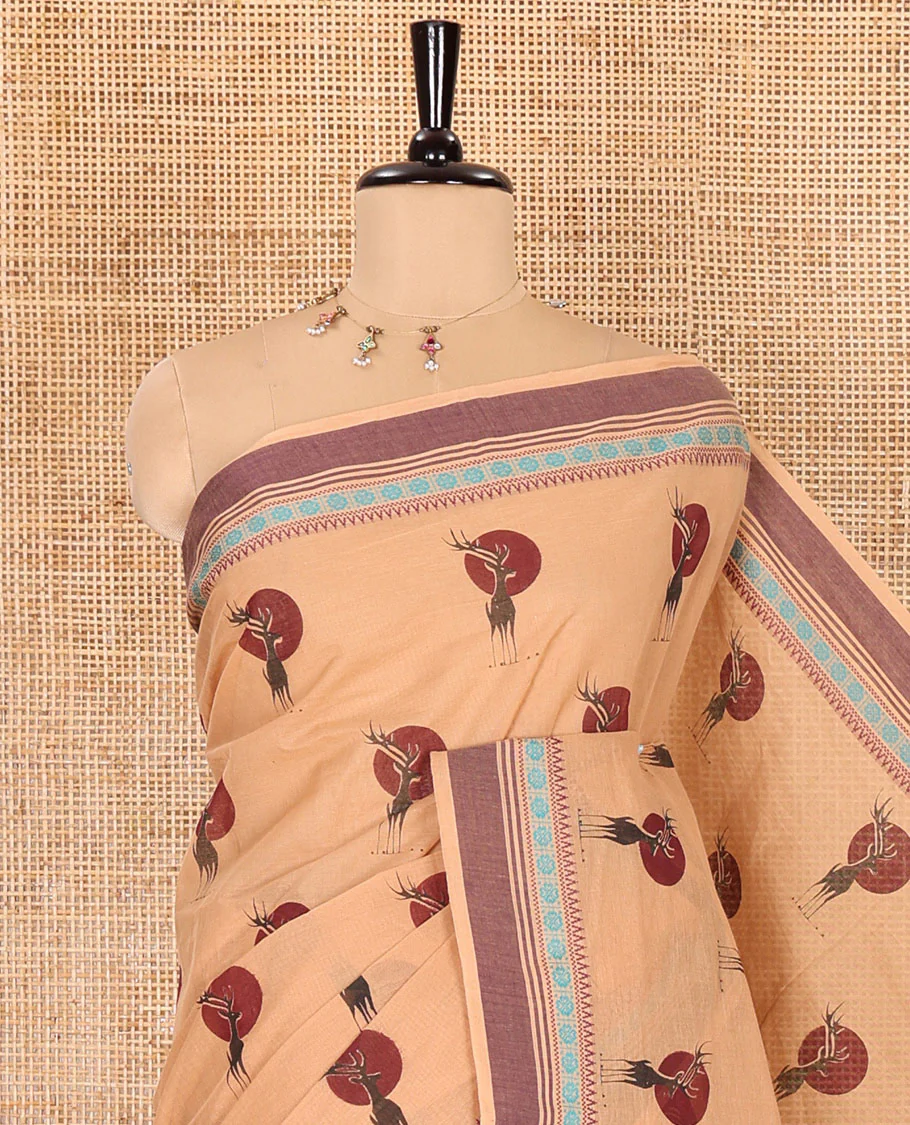 Beige deer motifs printed Mangalagiri cotton saree, traditional motifs thread border, striped pallu, and matching blouse - Image 2