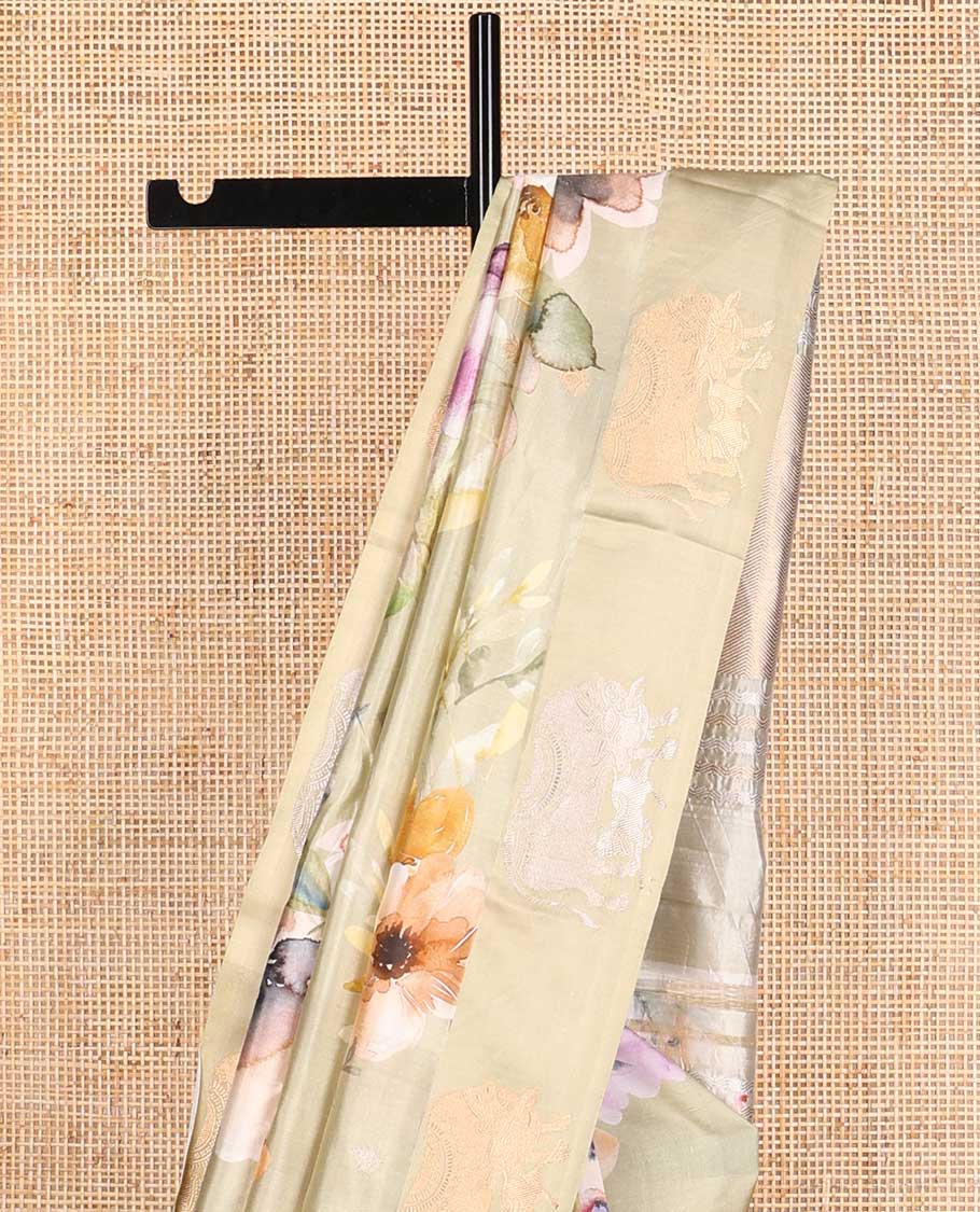 Beige floral design raw mango silk saree with contrast pichwai style border & vanki design pallu - Image 5