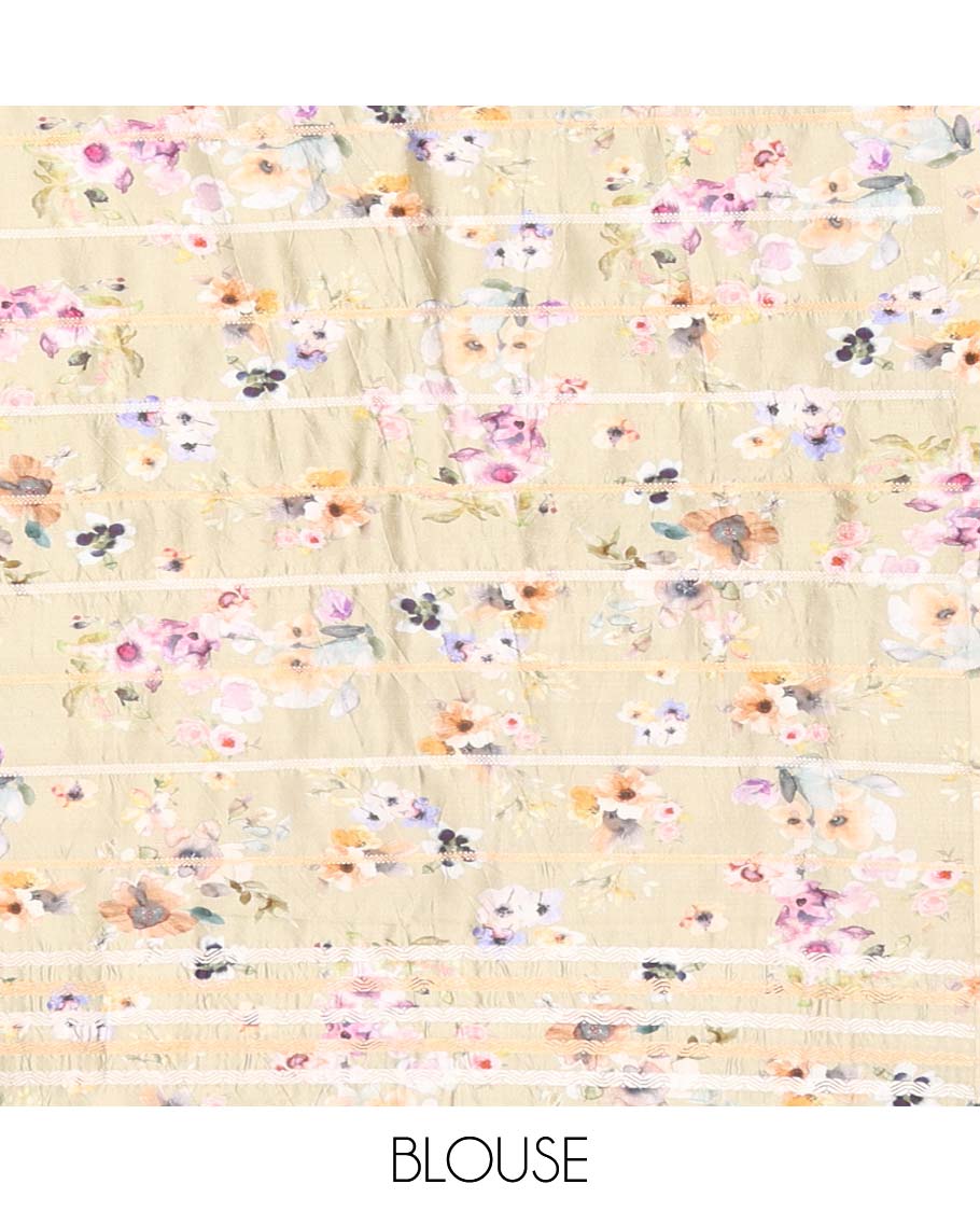 Beige floral design raw mango silk saree with contrast pichwai style border & vanki design pallu - Image 7