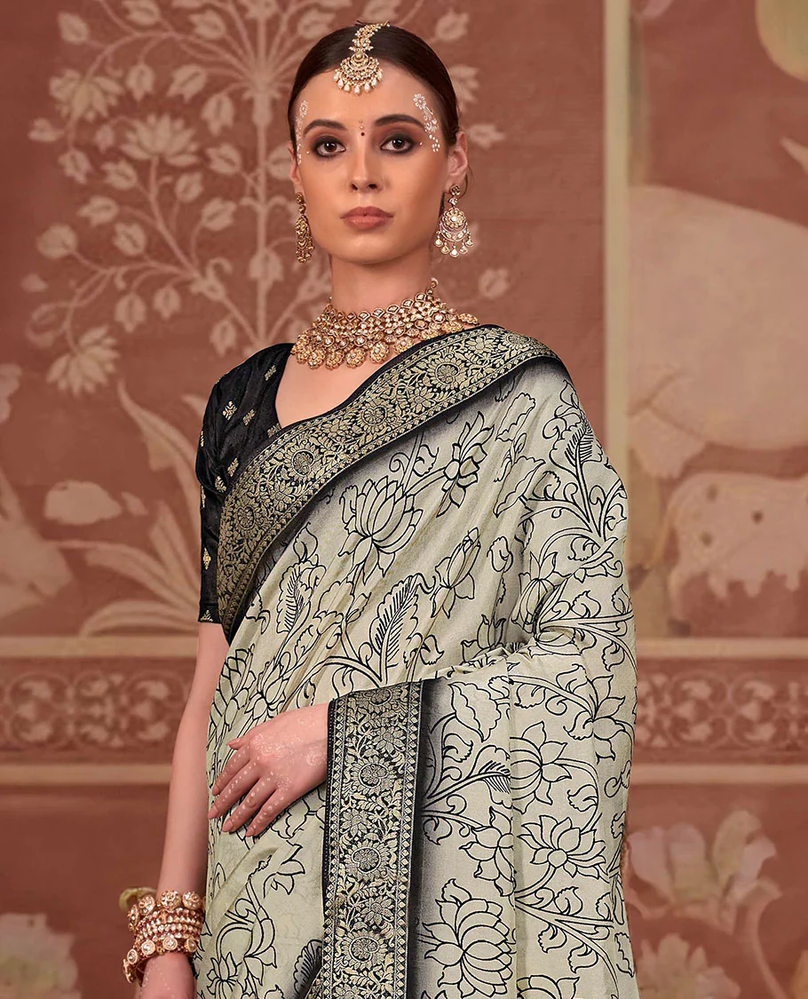 Beige kalamkari lotus printed designer saree, contrast zari border, and kalamkari floral-peacock printed pallu - Image 2