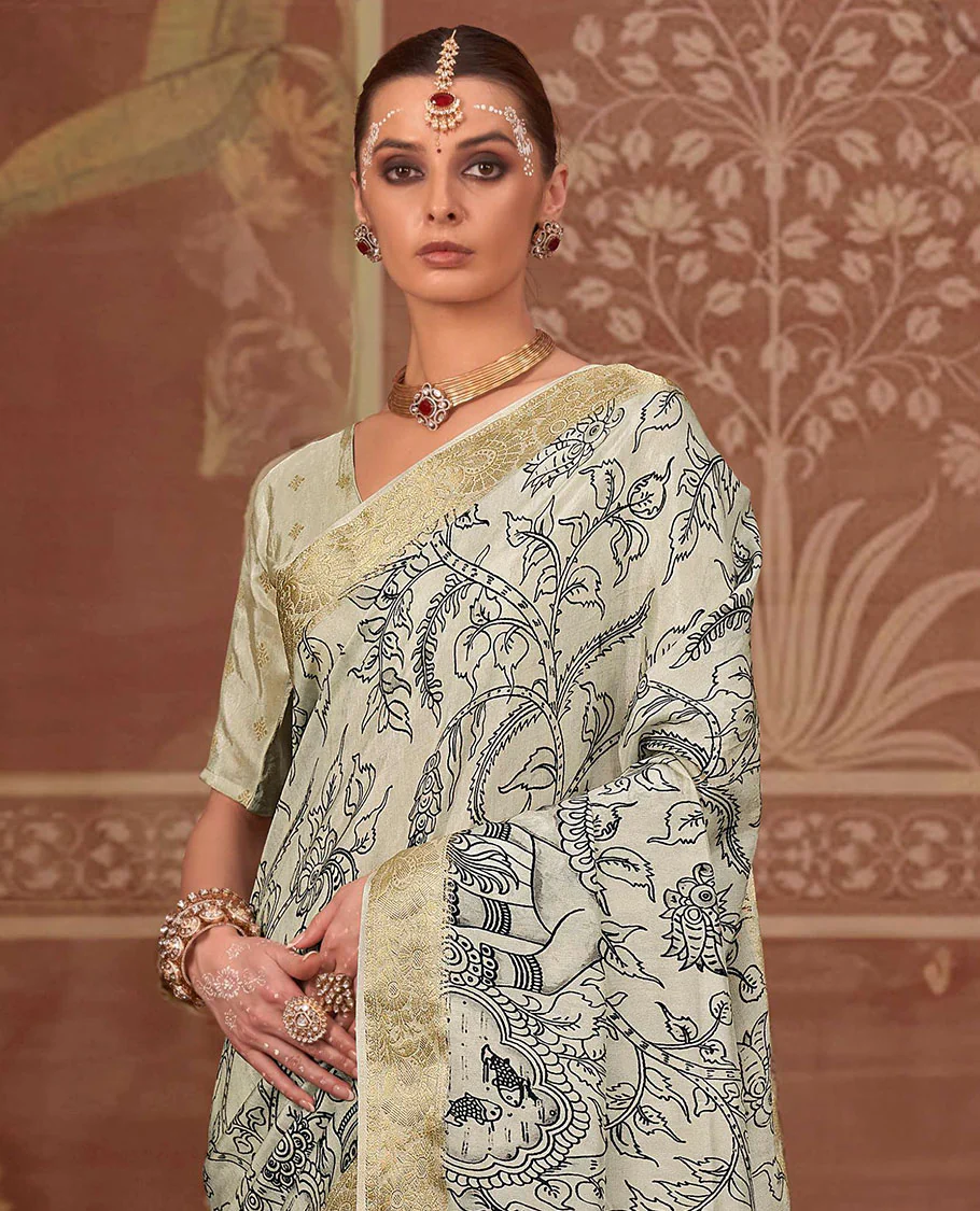 Beige kalamkari printed designer saree, zari border, and contrast kalamkari floral-peacock printed pallu - Image 2