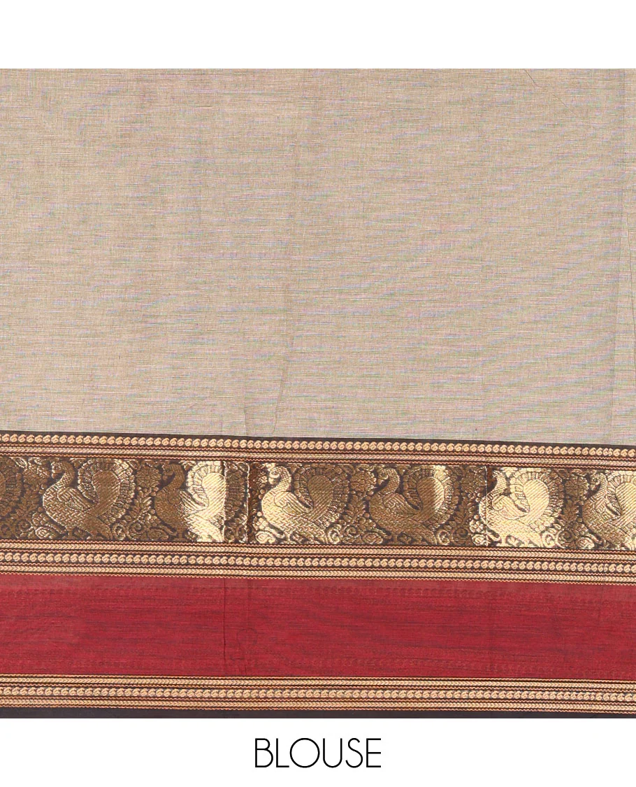 Beige plain Chettinad cotton saree, contrast rettai pettu peacock motifs border, striped pallu, and a matching blouse - Image 3