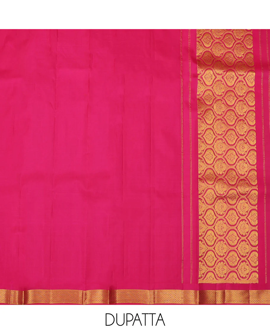 Beige pure-silk half saree, contrast border & blouse of rekku, rudraksham,mayil & yaali design & zari design dhavani - Image 6