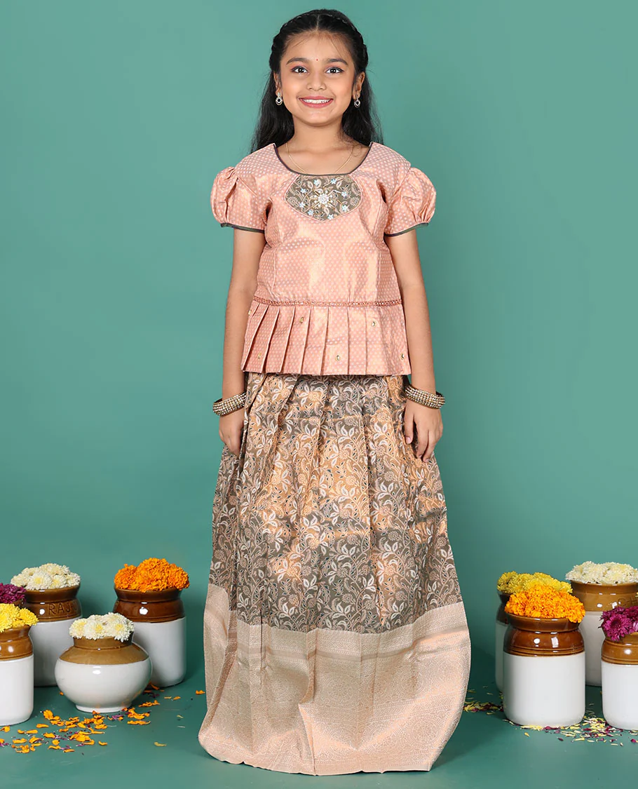 Beige readymade art silk pavadai, floral jacquard & contrast traditional zari border skirt, & jacquard round neck puff-sleeve blouse - Image 4