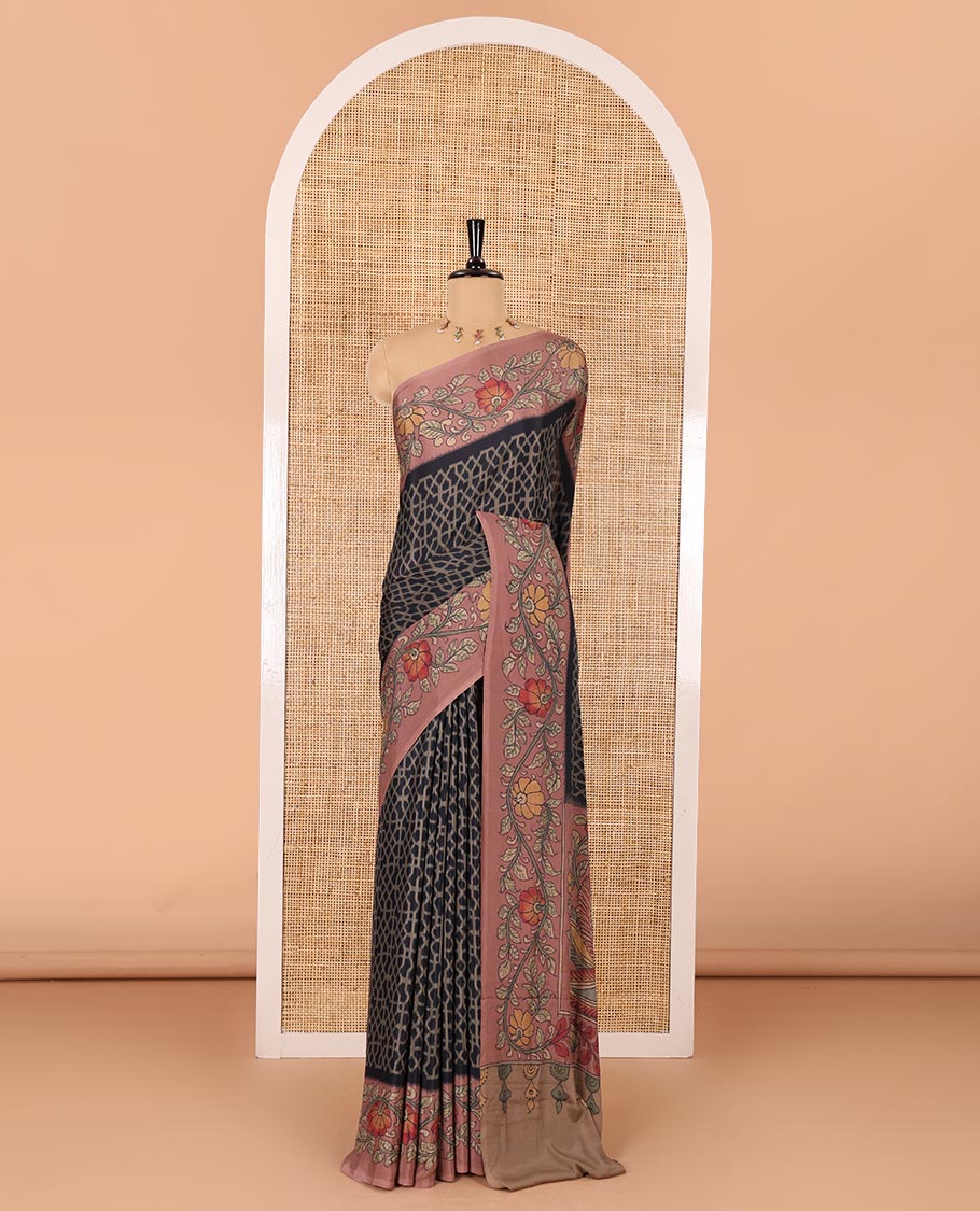 Black Abstract printed Italian crepe saree, contrast kalamkari floral vine printed border, kalamkari printed pallu, and kalamkari printed blouse - Image 2