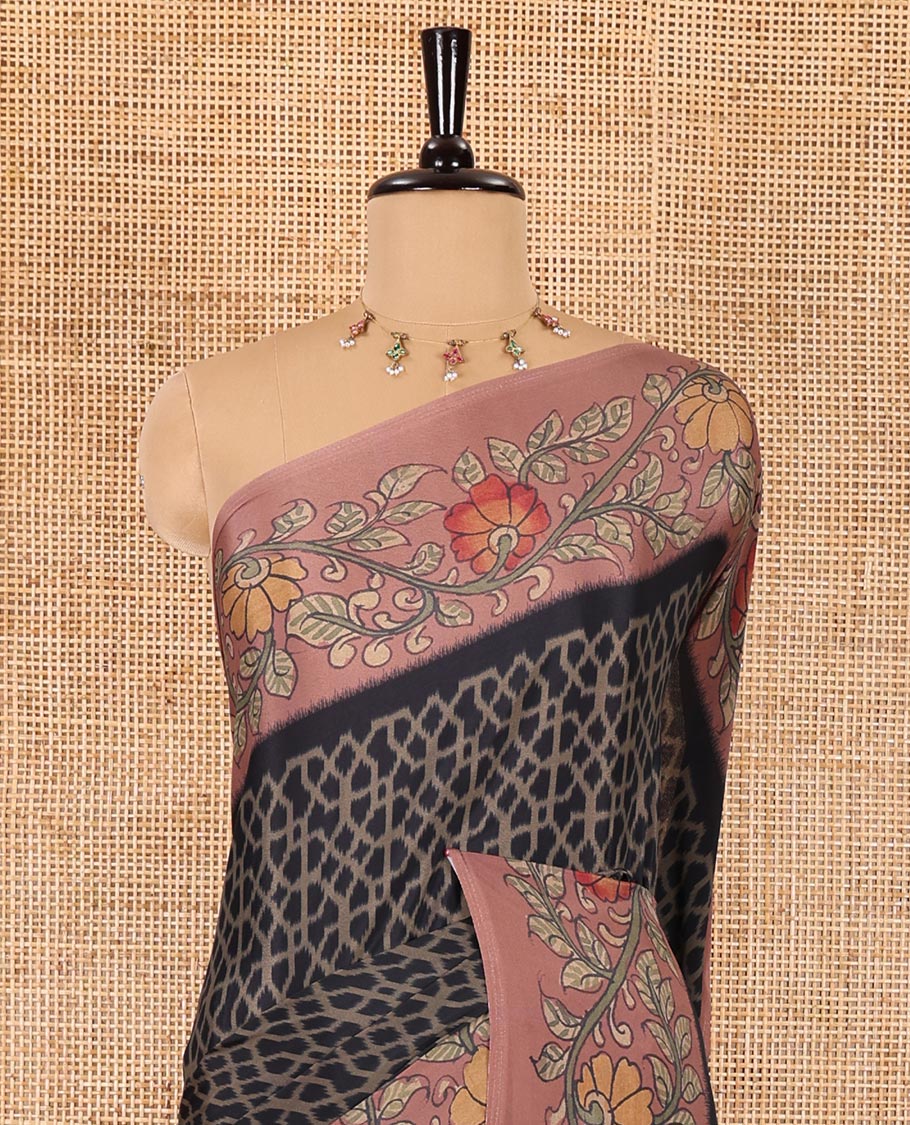 Black Abstract printed Italian crepe saree, contrast kalamkari floral vine printed border, kalamkari printed pallu, and kalamkari printed blouse - Image 3