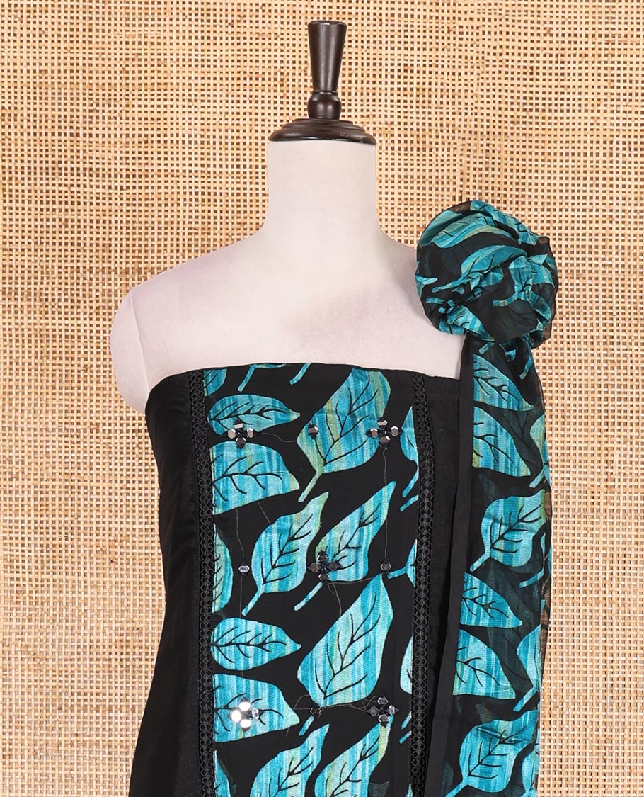 Black and blue material churidar set, neck leaf print with mirror work Vichitra silk top, plain santoon bottom, and leaf printed shimmer georgette dupatta - Image 3