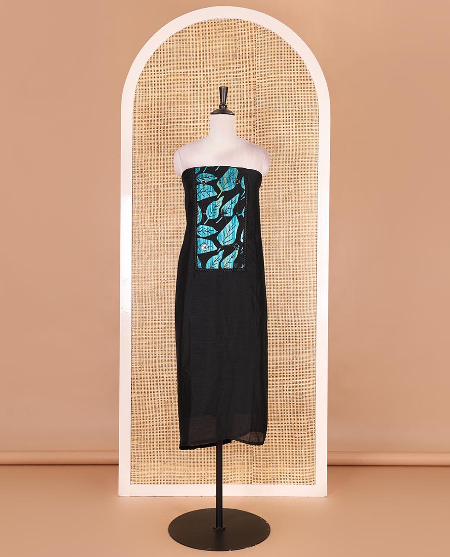 Black and blue material churidar set, neck leaf print with mirror work Vichitra silk top, plain santoon bottom, and leaf printed shimmer georgette dupatta - Image 4