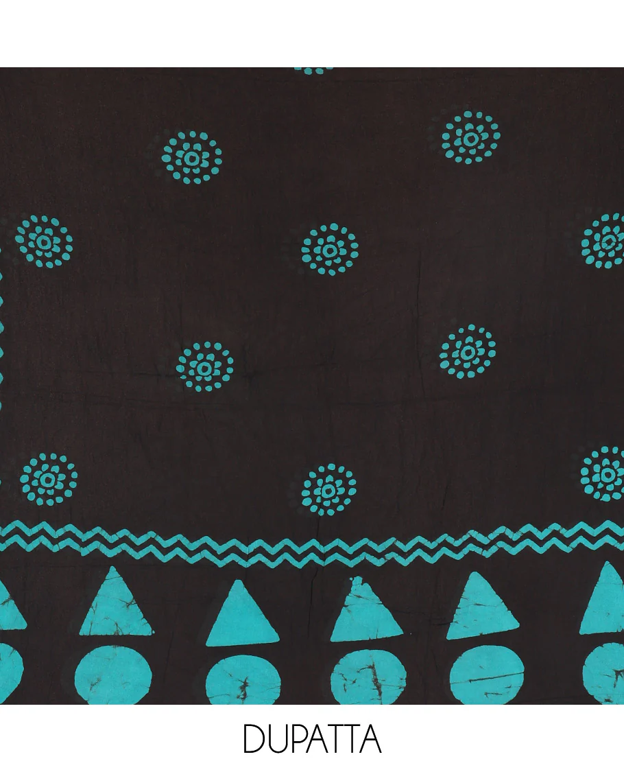 Black and blue viscose georgette material churidar set, geometric shapes batik hand block printed top, plain bottom, and batik hand block printed dupatta - Image 2