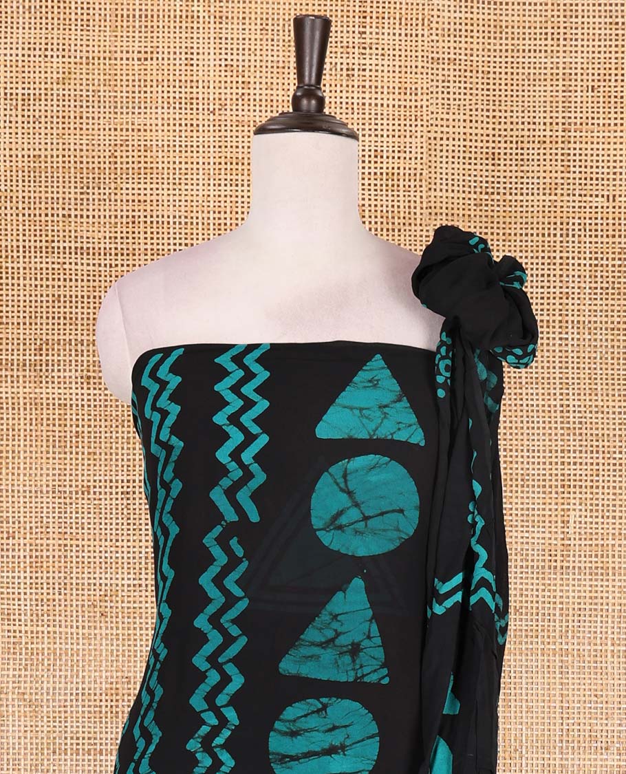 Black and blue viscose georgette material churidar set, geometric shapes batik hand block printed top, plain bottom, and batik hand block printed dupatta - Image 3