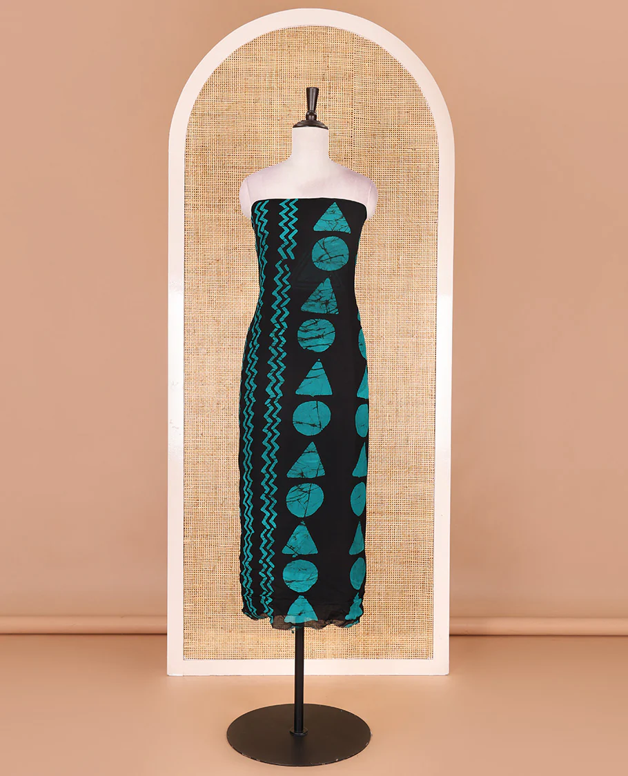 Black and blue viscose georgette material churidar set, geometric shapes batik hand block printed top, plain bottom, and batik hand block printed dupatta - Image 4