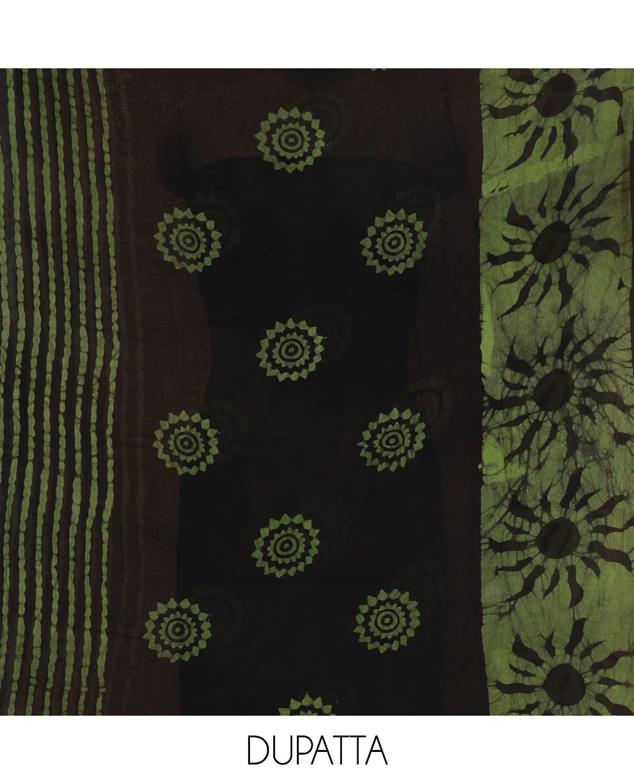 Black and green material chudidar set, sun brust and chakra motifs hand block printed Viscose georgette top, contrast bottom, and hand block printed viscose georgette dupatta - Image 2