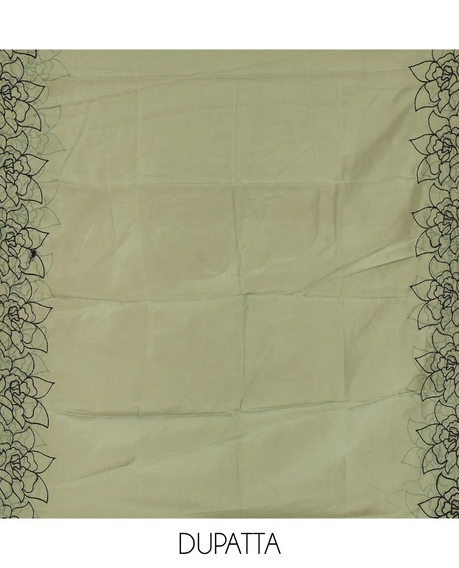 Black and green organza material churidar set, Lucknowi chikankari floral vine embroidery top, plain bottom, and contrast floral embroidery dupatta - Image 2