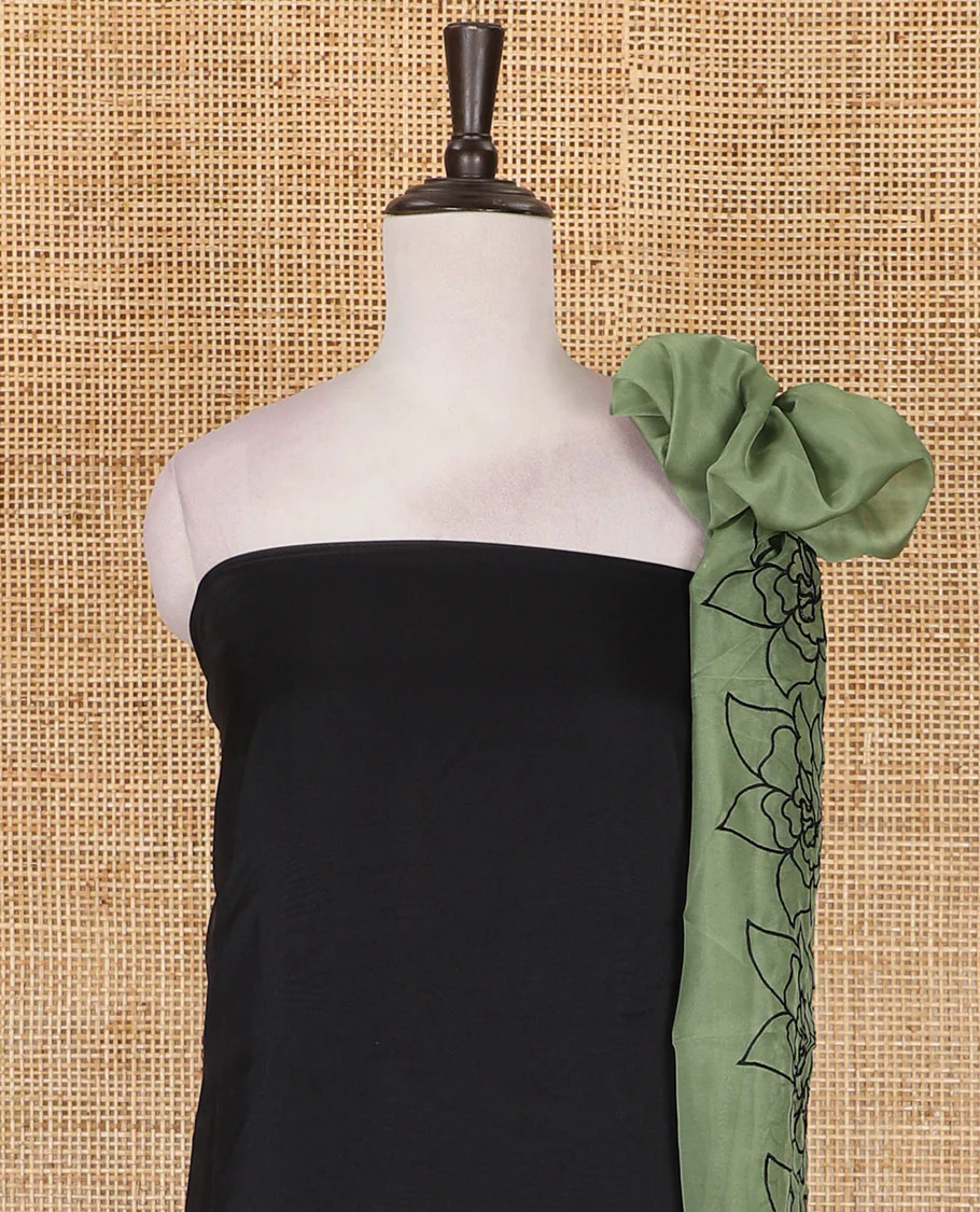 Black and green organza material churidar set, Lucknowi chikankari floral vine embroidery top, plain bottom, and contrast floral embroidery dupatta - Image 3