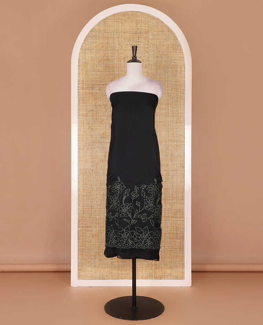 Black and green organza material churidar set, Lucknowi chikankari floral vine embroidery top, plain bottom, and contrast floral embroidery dupatta - Image 4