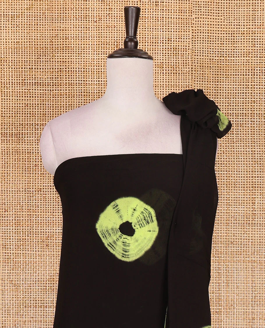 Black and green viscose georgette material churidar set, big bandhani dots printed top, plain bottom, and big bandhani dots printed dupatta - Image 3