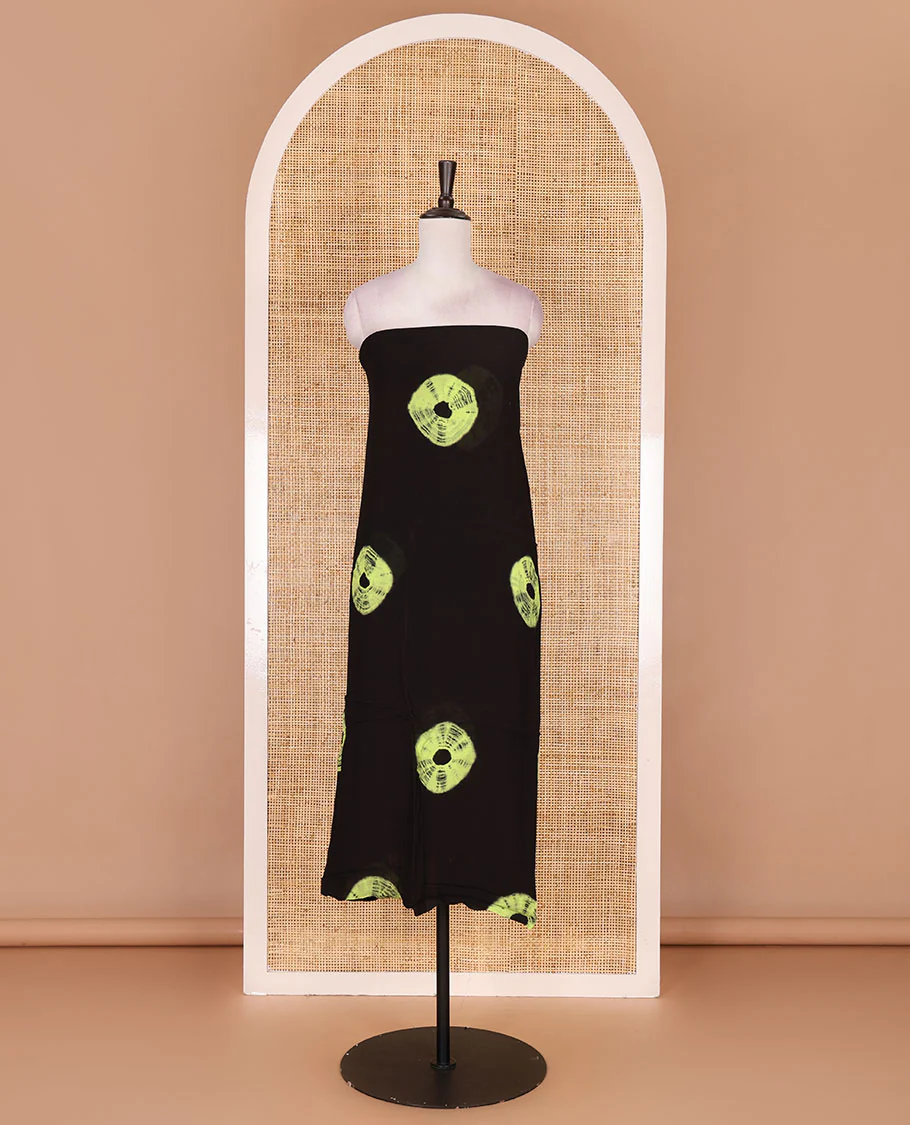 Black and green viscose georgette material churidar set, big bandhani dots printed top, plain bottom, and big bandhani dots printed dupatta - Image 4
