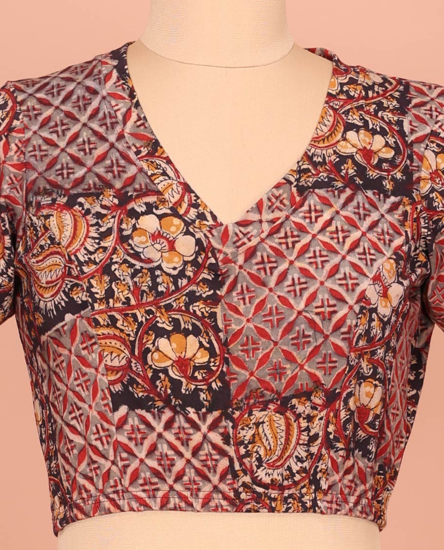 Black and Grey Cotton Readymade Blouse Subtly Sparked with All-Over Floral Vine and Jaal Motifs Print, Featuring a Front V-Neck, a Closed Back Neck, and Elbow Sleeves - Image 2