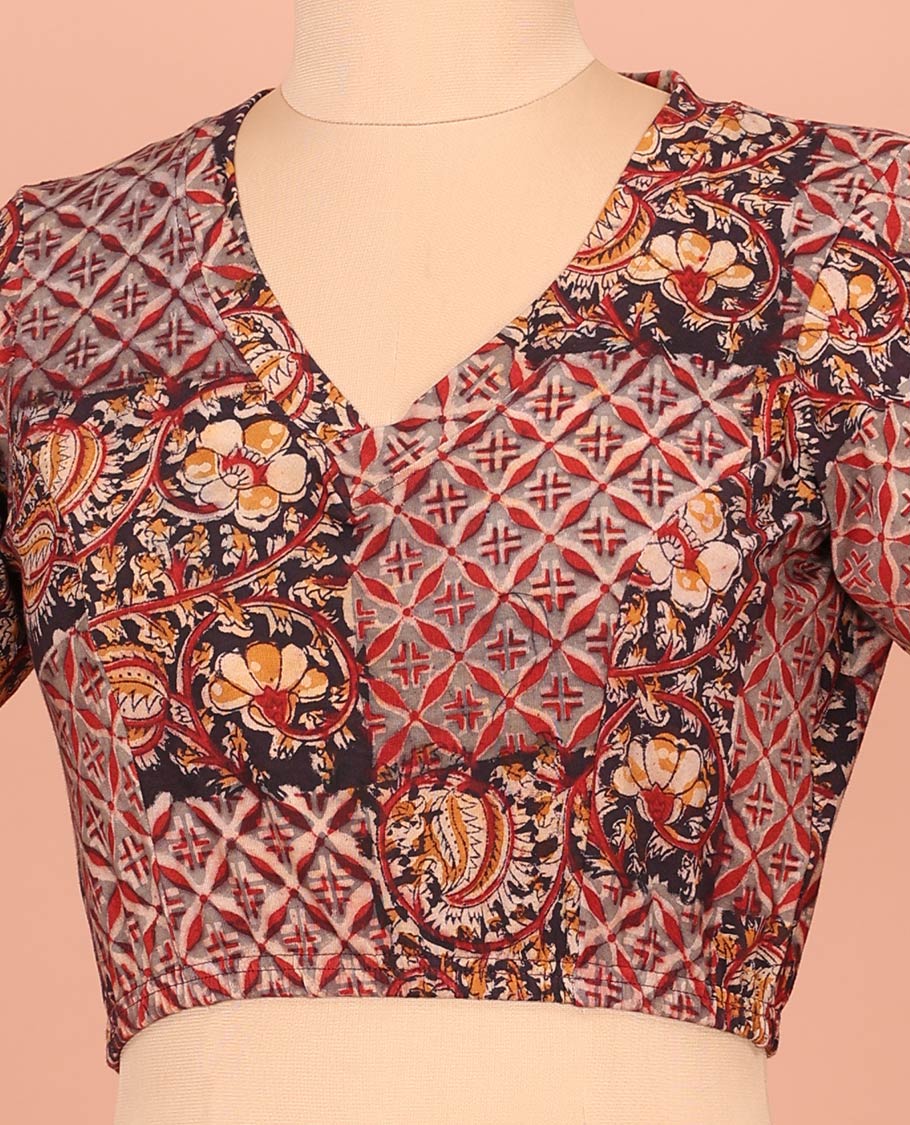 Black and Grey Cotton Readymade Blouse Subtly Sparked with All-Over Floral Vine and Jaal Motifs Print, Featuring a Front V-Neck, a Closed Back Neck, and Elbow Sleeves - Image 3