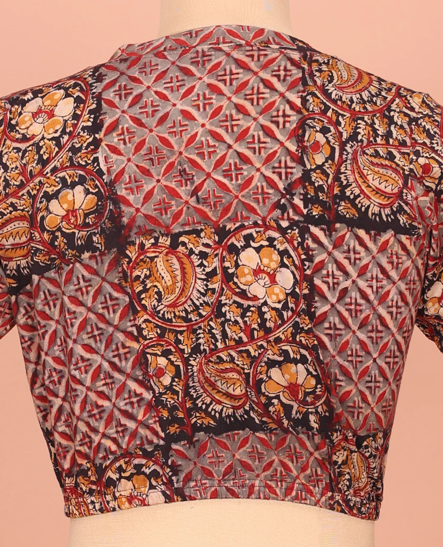 Black and Grey Cotton Readymade Blouse Subtly Sparked with All-Over Floral Vine and Jaal Motifs Print, Featuring a Front V-Neck, a Closed Back Neck, and Elbow Sleeves - Image 4