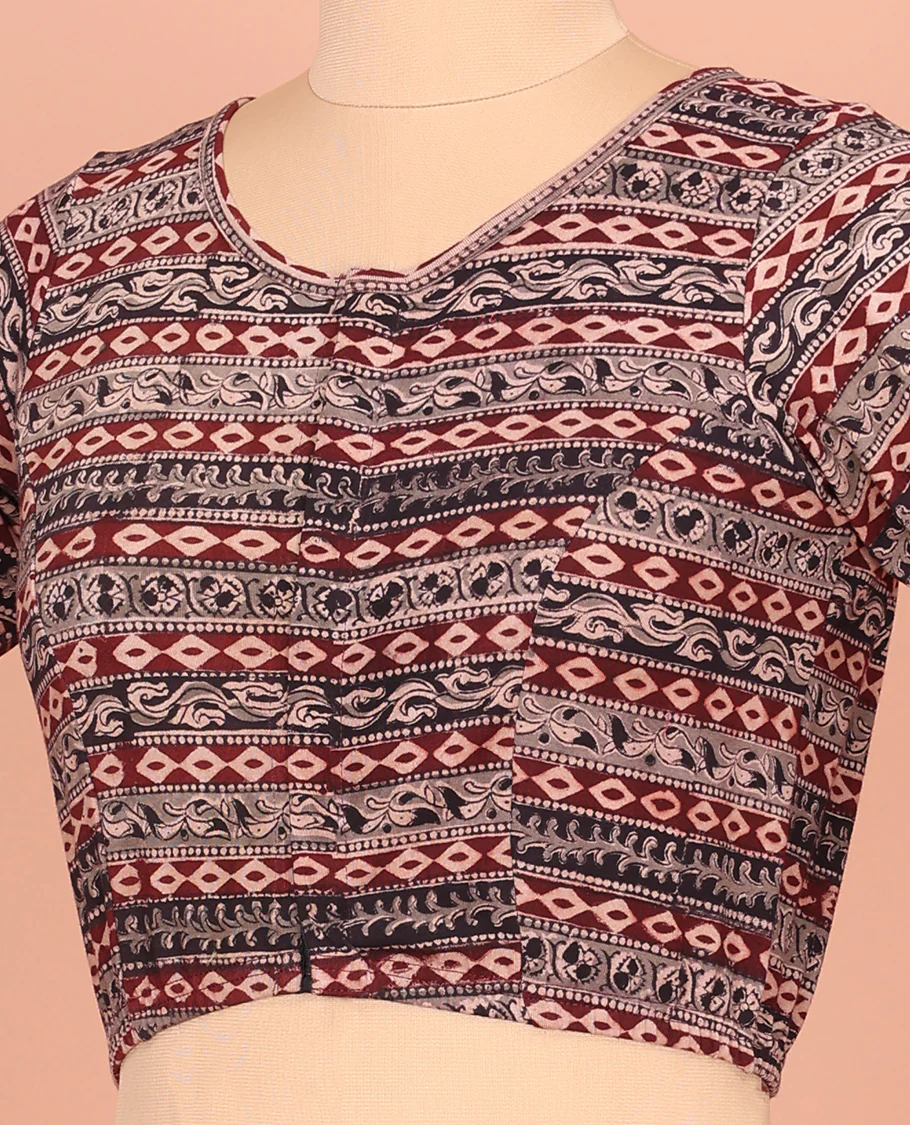 Black and Maroon Cotton Readymade Blouse Detailed with All-Over Geometric Motifs Print, Front Round Neck, Back Round Neck, and Elbow Sleeves - Image 2