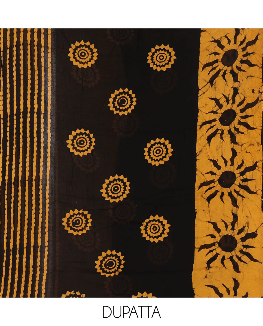 Black and mustard material chudidar set, sun brust and chakra motifs hand block printed Viscose georgette top, contrast bottom, and hand block printed viscose georgette dupatta - Image 2