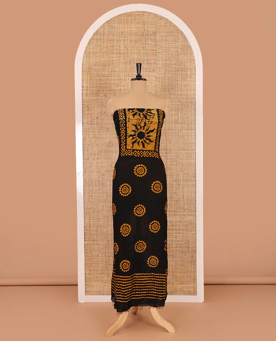 Black and mustard material chudidar set, sun brust and chakra motifs hand block printed Viscose georgette top, contrast bottom, and hand block printed viscose georgette dupatta - Image 4