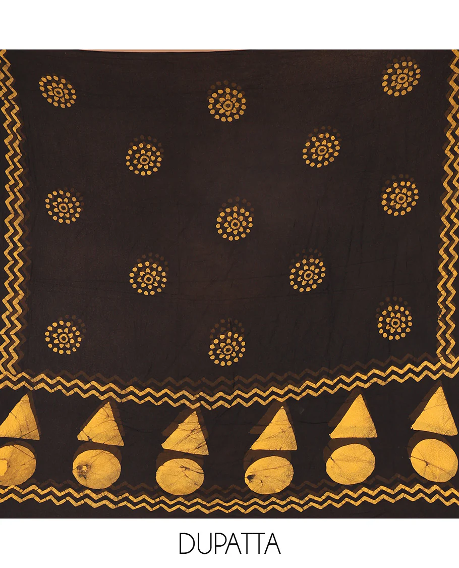 Black and mustard viscose georgette material churidar set, geometric shapes batik hand block printed top, plain bottom, and batik hand block printed dupatta - Image 2