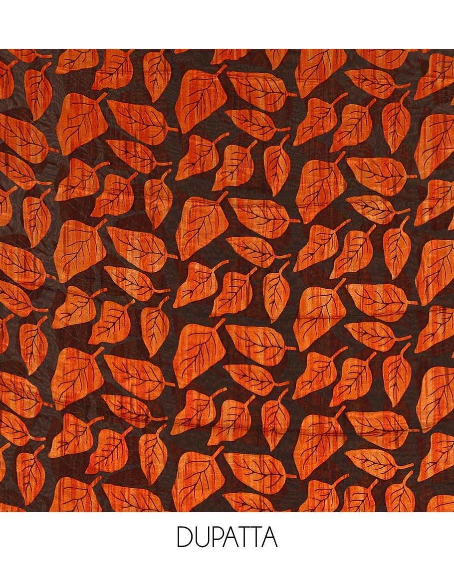 Black and orange material churidar set, neck leaf print with mirror work Vichitra silk top, plain santoon bottom, and leaf printed shimmer georgette dupatta - Image 2