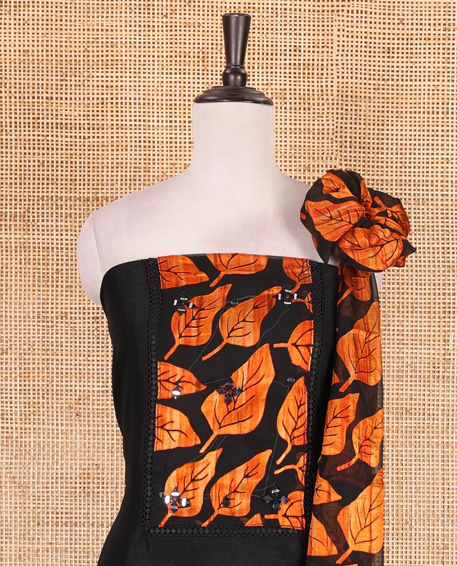 Black and orange material churidar set, neck leaf print with mirror work Vichitra silk top, plain santoon bottom, and leaf printed shimmer georgette dupatta - Image 3