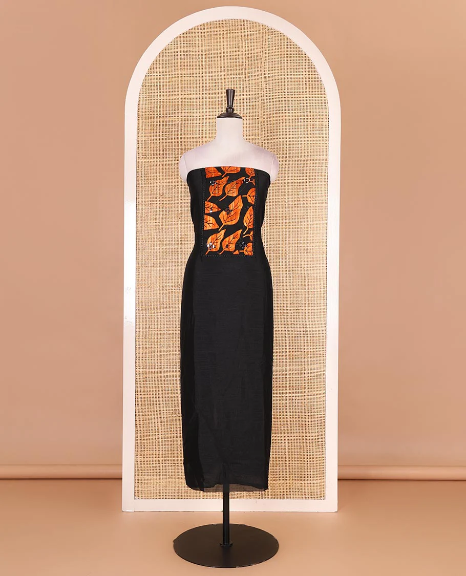 Black and orange material churidar set, neck leaf print with mirror work Vichitra silk top, plain santoon bottom, and leaf printed shimmer georgette dupatta - Image 4