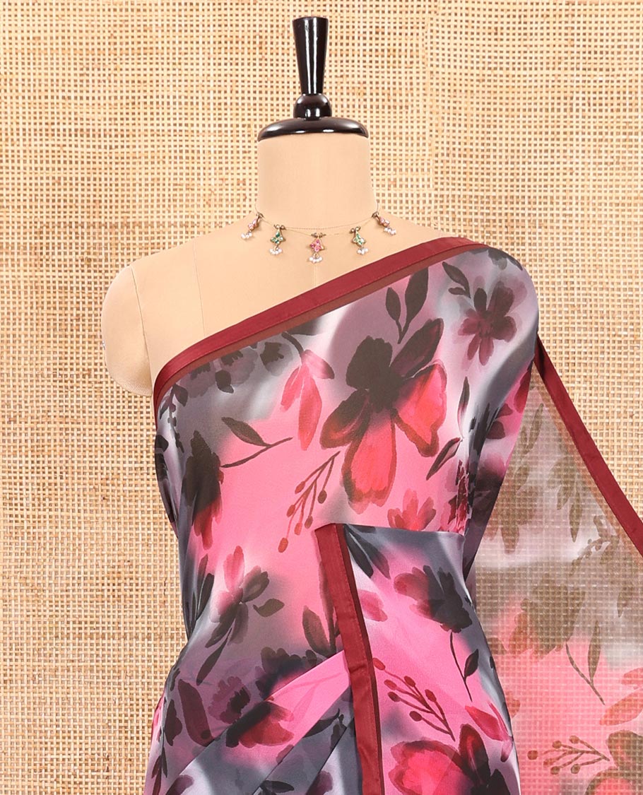 Black and Pink Chiffon Saree Elegantly Steeped with Floral Motifs Print, Subtly Made Lace Border, Self-Printed Pallu, and Paired with a Contrast-Printed Blouse - Image 2