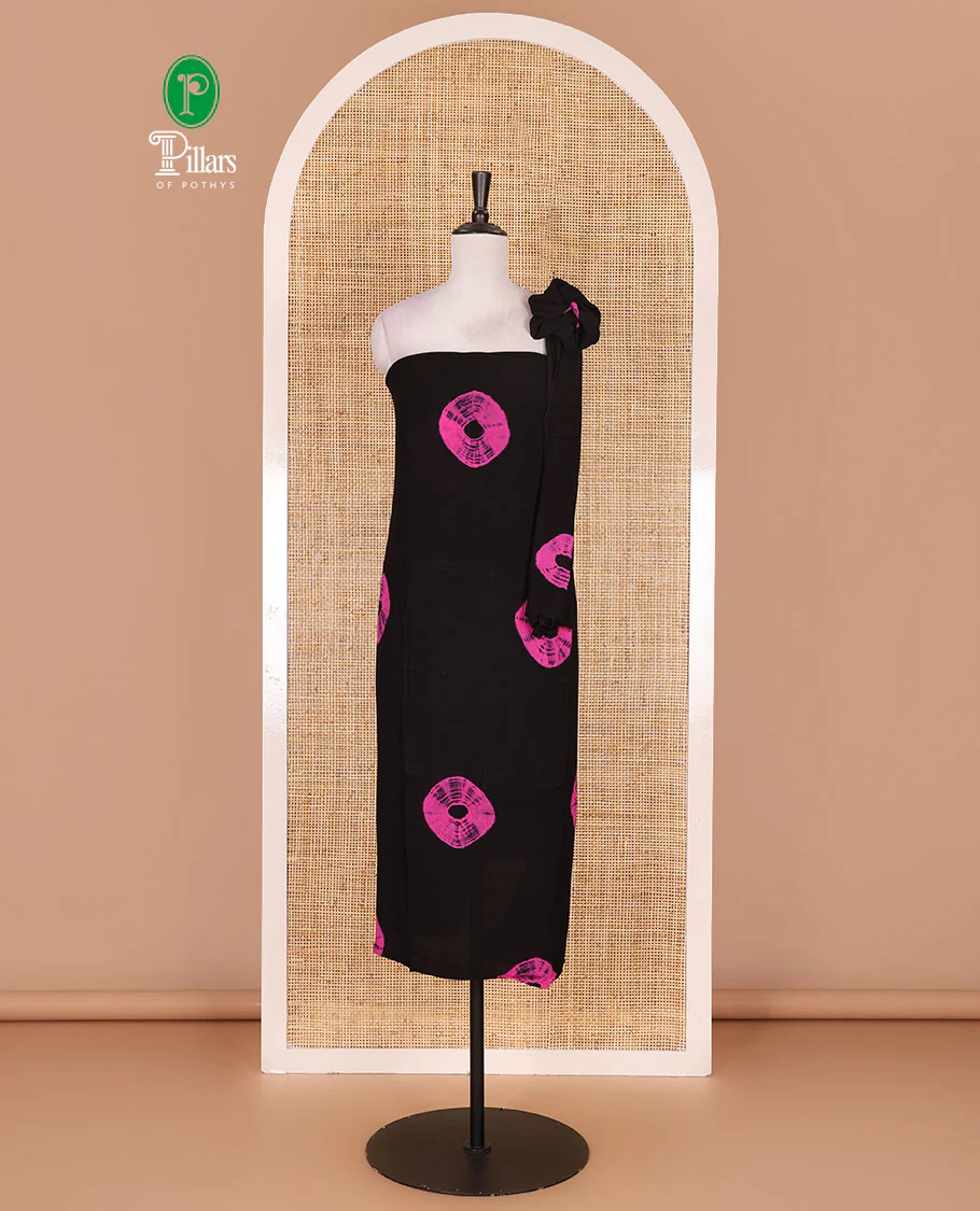 Black and pink viscose georgette material churidar set, big bandhani dots printed top, plain bottom, and big bandhani dots printed dupatta