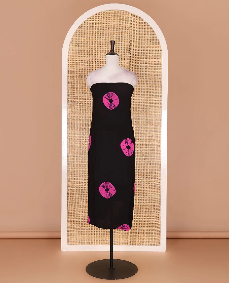 Black and pink viscose georgette material churidar set, big bandhani dots printed top, plain bottom, and big bandhani dots printed dupatta - Image 3