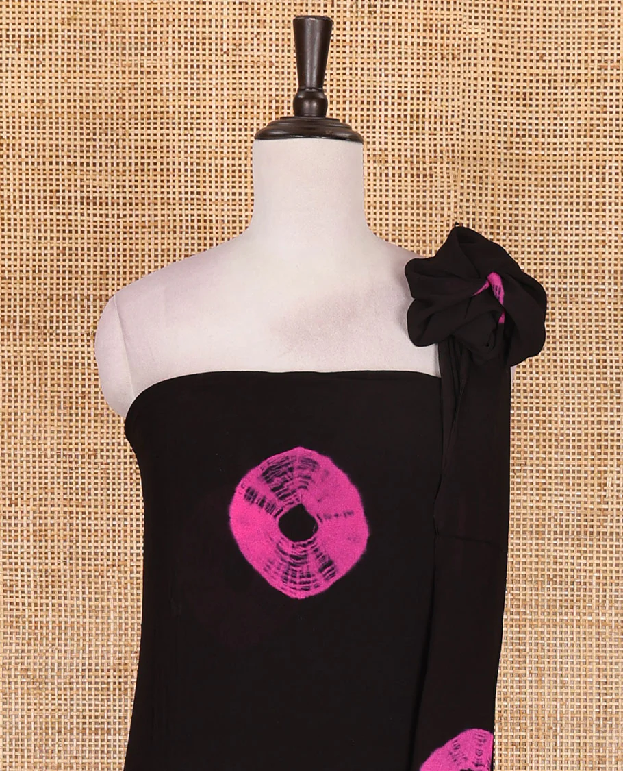 Black and pink viscose georgette material churidar set, big bandhani dots printed top, plain bottom, and big bandhani dots printed dupatta - Image 4