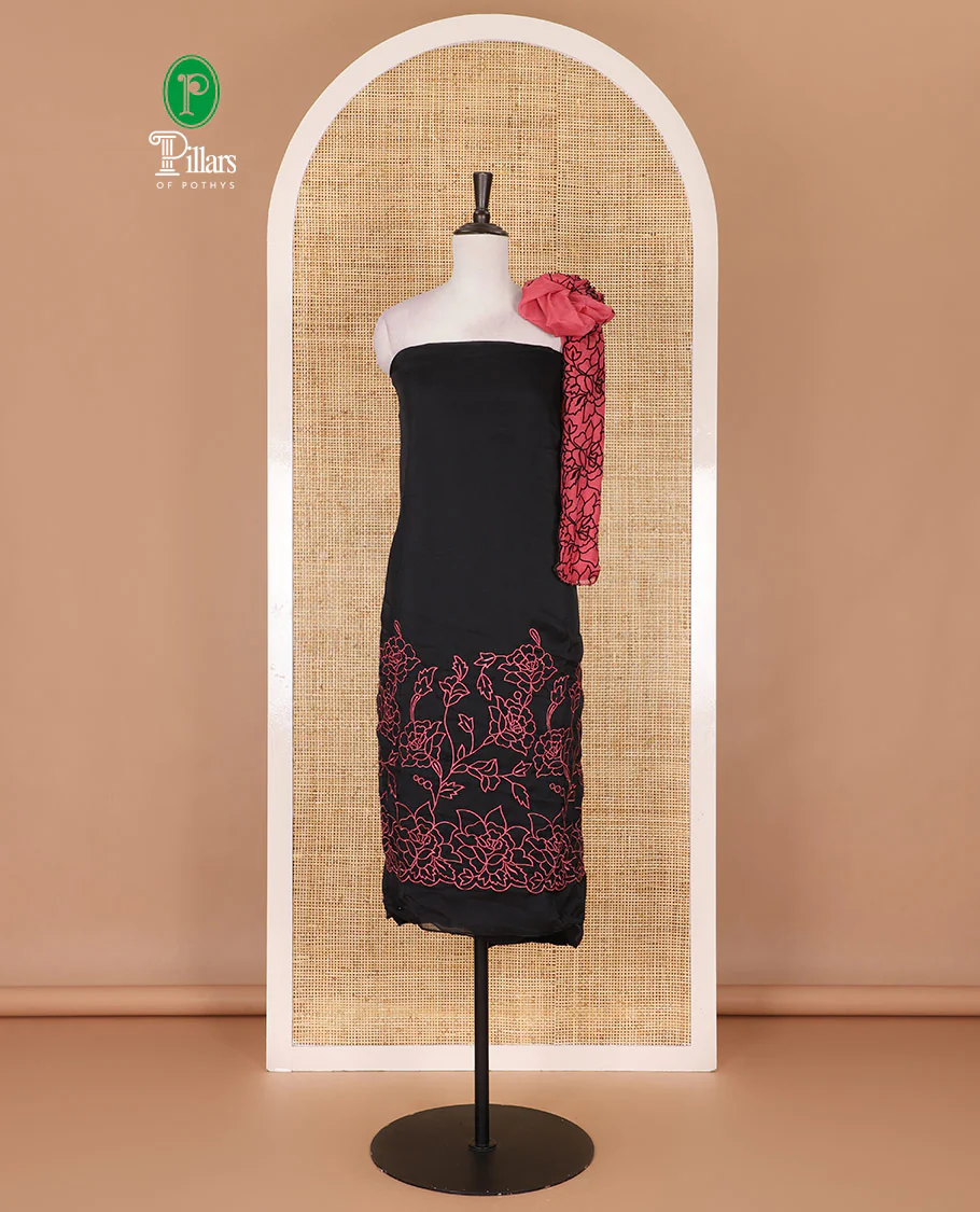 Black and rani pink organza material churidar set, Lucknowi chikankari floral vine embroidery top, plain bottom, and contrast floral embroidery dupatta