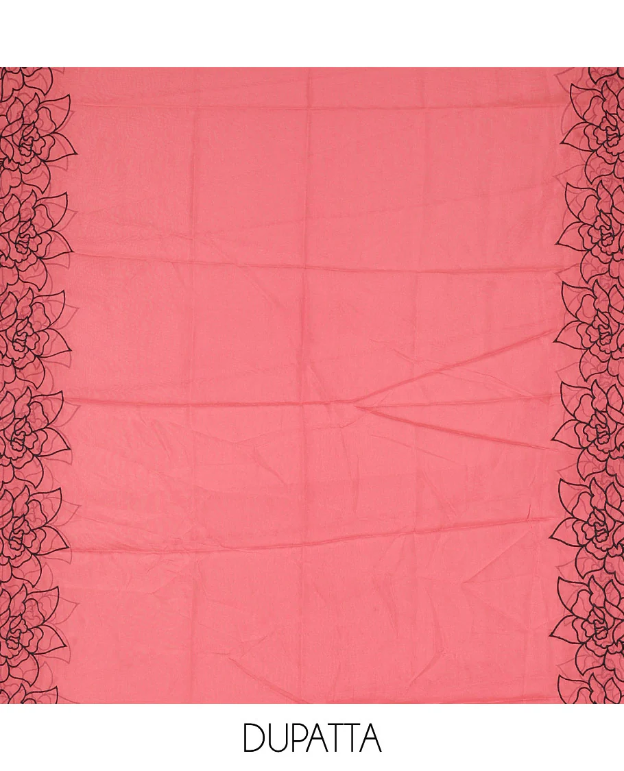 Black and rani pink organza material churidar set, Lucknowi chikankari floral vine embroidery top, plain bottom, and contrast floral embroidery dupatta - Image 2